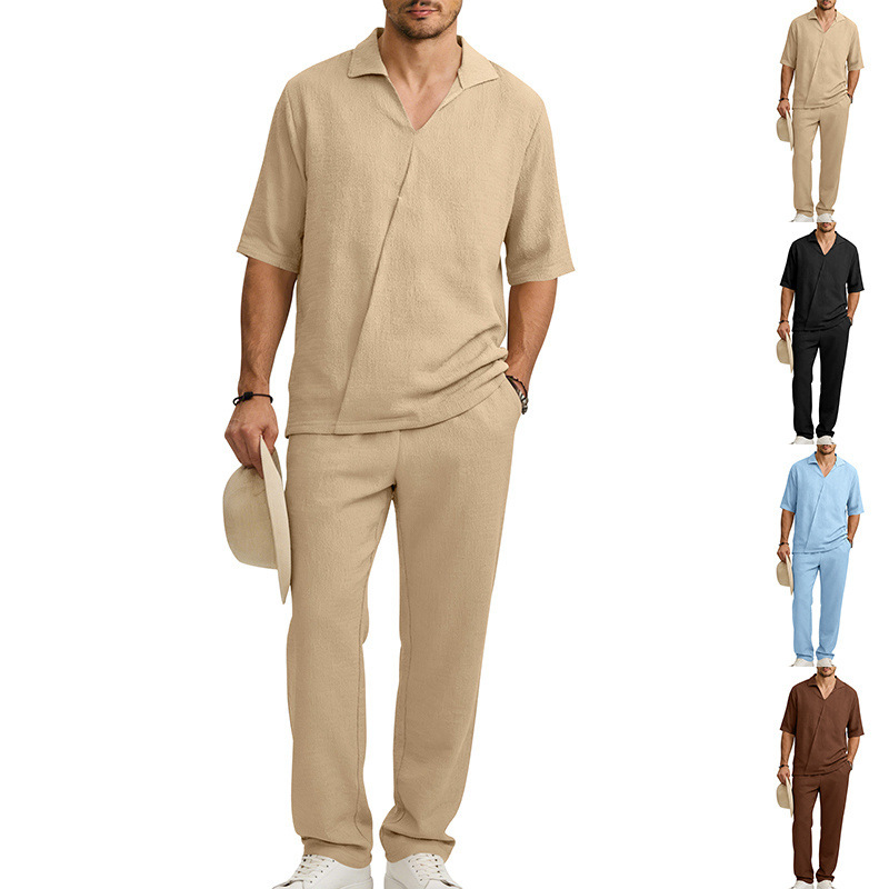 Mens Lapel Short-Sleeve Shirt And Pants Suit