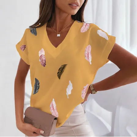 3D Printed Short Sleeved Women's Feathers Att23041Cc - Shop at LoveMi