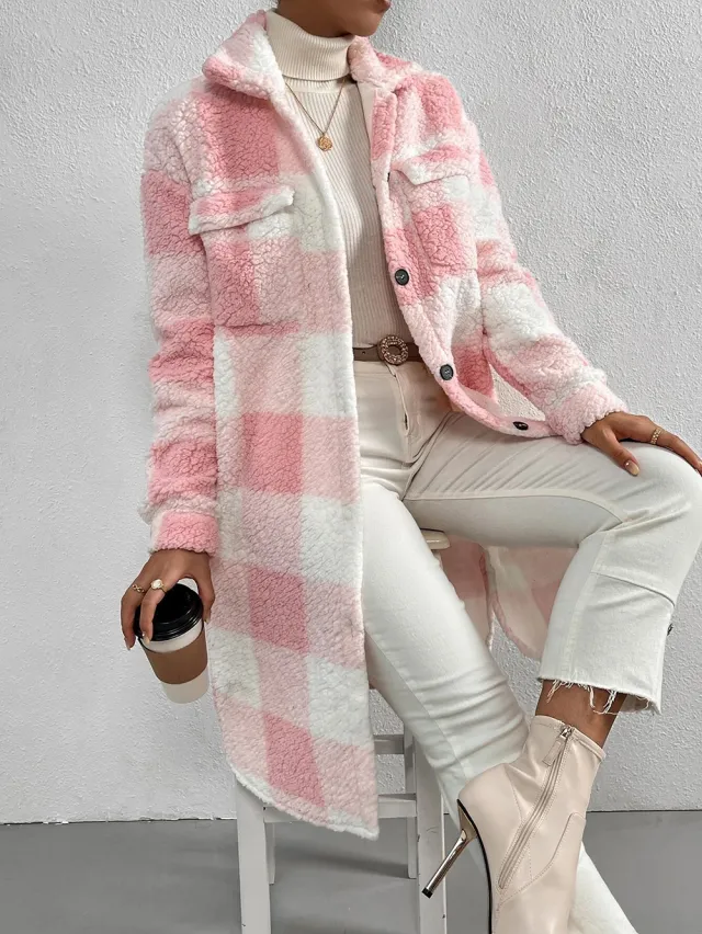 Button Lapel Plush Plaid Coat Loose Pink And White Plaid - Shop at LoveMi