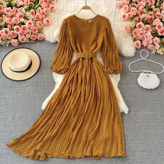 Round Neck Pleated Polka Dot Chiffon Dress Brown - Shop at LoveMi