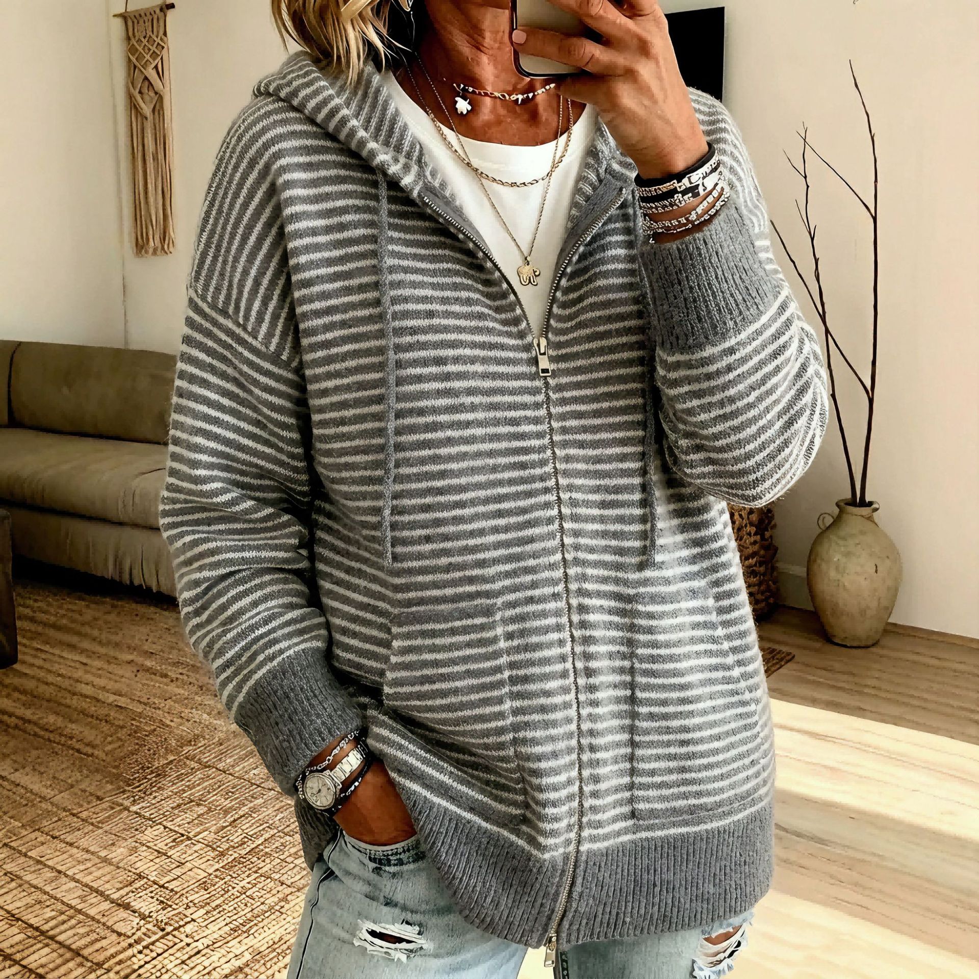 Women's Striped Knitted Cardigan With Hood