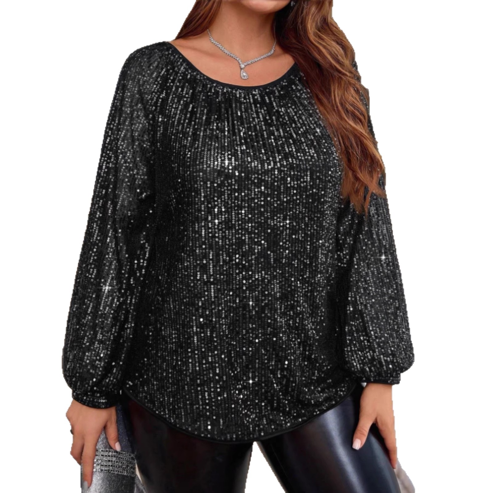 Fashionable Round-neck Sequin Long-sleeve Solid-color Shirt