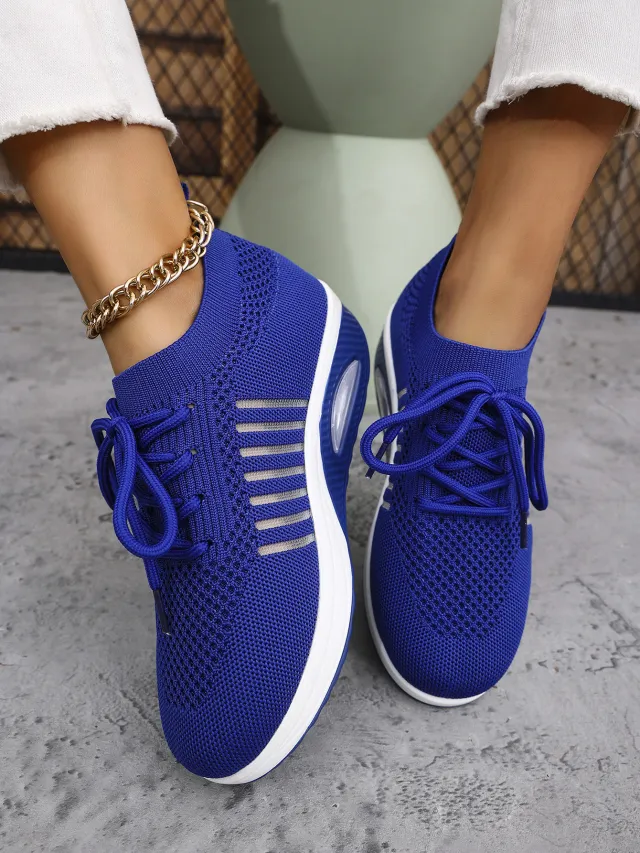 Spring And Autumn New Lace up Slip on Wedge Flying Woven Sports Shoes Women Blue - Shop at LoveMi