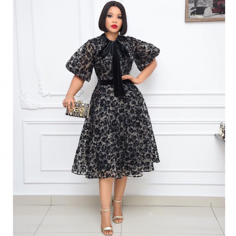 Graceful Stand Collar Black Waist Lace Stitching Fashion Slimming Dress Tan - Shop at LoveMi