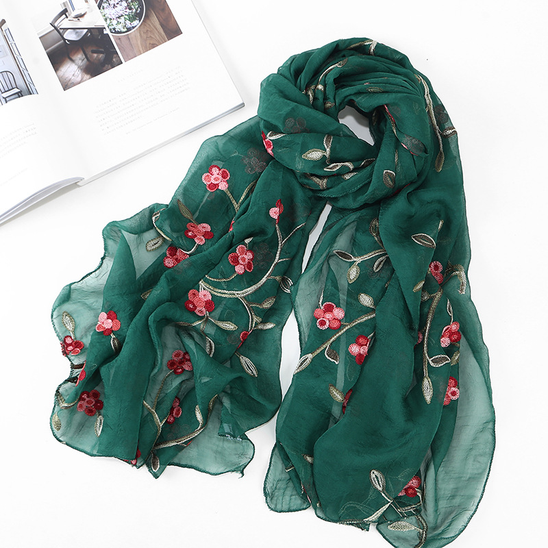 Women's Chiffon Flower Embroidered Silk Scarf Beach Shawl