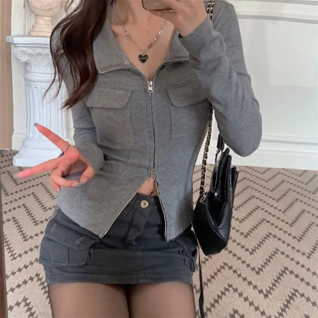 Slim fit Zipper Lapel Long Sleeve Top Gray - Shop at LoveMi