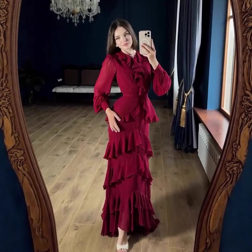 Ruffled Long-Sleeve Maxi Dress