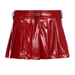 Wansheng New Low Waist Solid Color Pleated Leather Skirt - Red - View 1