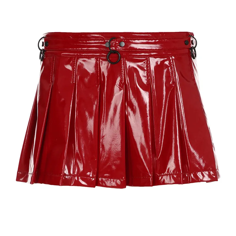 Wansheng New Low Waist Solid Color Pleated Leather Skirt - Red