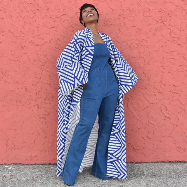 Fashion Temperament Plus Size All matching Long Loose Printed Cardigan Jacket Blue And White Twill - Shop at LoveMi