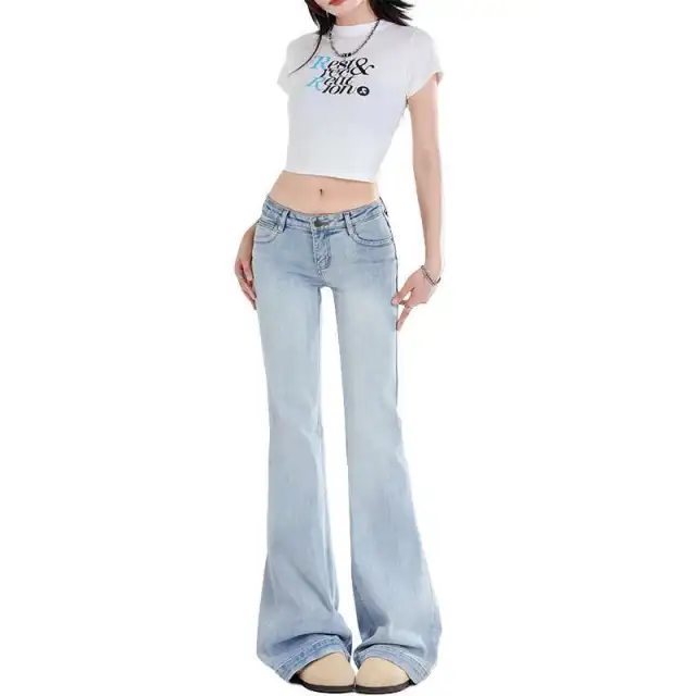 American Retro Low Waist Bell bottom Pants Slim Fit Slimming Light Blue Trousers - Shop at LoveMi