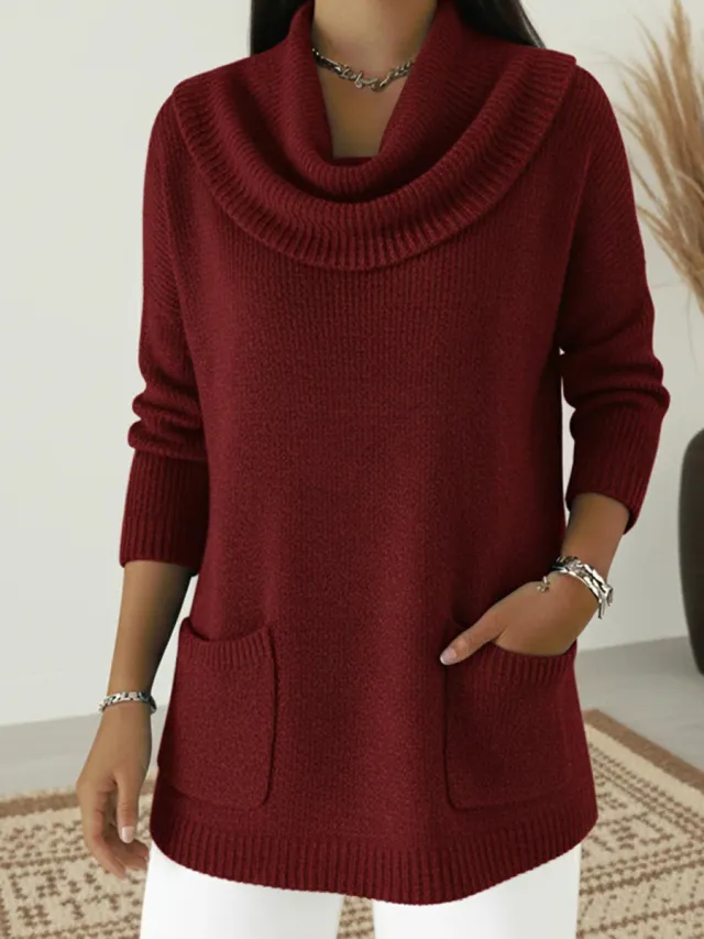 Solid color Pocketed Long sleeve Sweater Wine - Shop at LoveMi