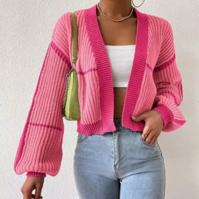 Cardigan Color Contrast Patchwork Striped Loose Sweater Rose Red - Shop at LoveMi