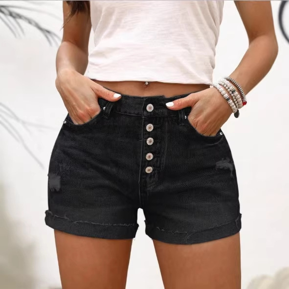 High-waistedSlim-fit Straight-leg Denim Shorts With Four Buttons