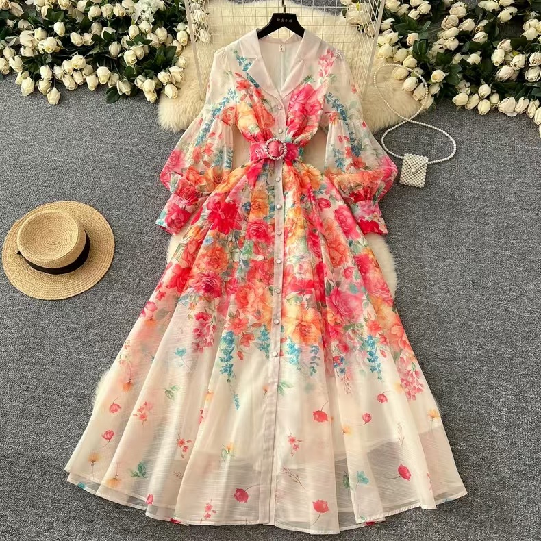 Women's Palace Style Waist-tight Suit Collar Lantern Sleeve Printing Dress