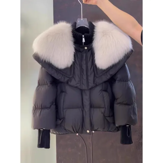 Parka Coat Petite Short Style Large Faux Fur Collar Thickened Cotton Jacket Black - Shop at LoveMi