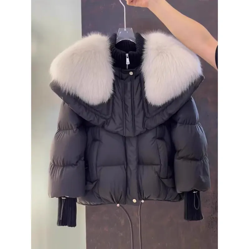Parka Coat Petite Short Style Large Faux Fur Collar Thickened Cotton Jacket - Black
