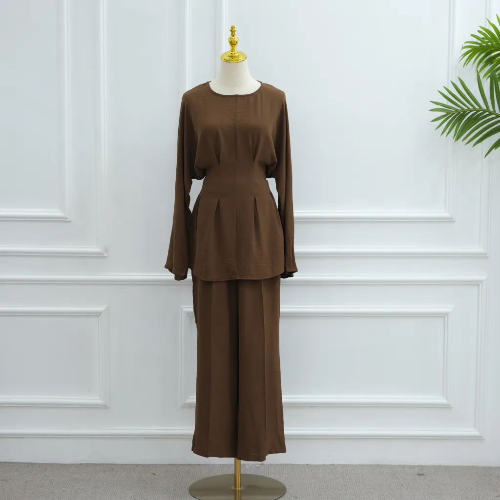 Fashion Solid Color Top Pants Two-piece Set - Brown