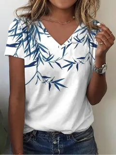 Women's T-shirt Feather Print Short Sleeve Casual - Style 2-S - View 1