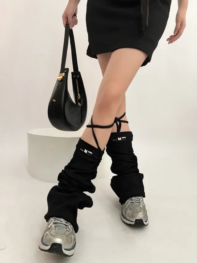 Solid Color Knitted Horn Drawstring Strap Foot Sock Black - Shop at LoveMi