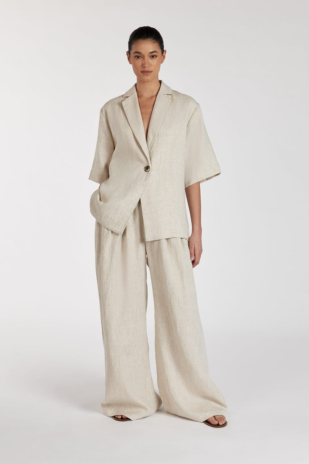 Linen Commuter Lapel Half Sleeve Cardigan Top Loose Wide Leg Pants Two-piece Set