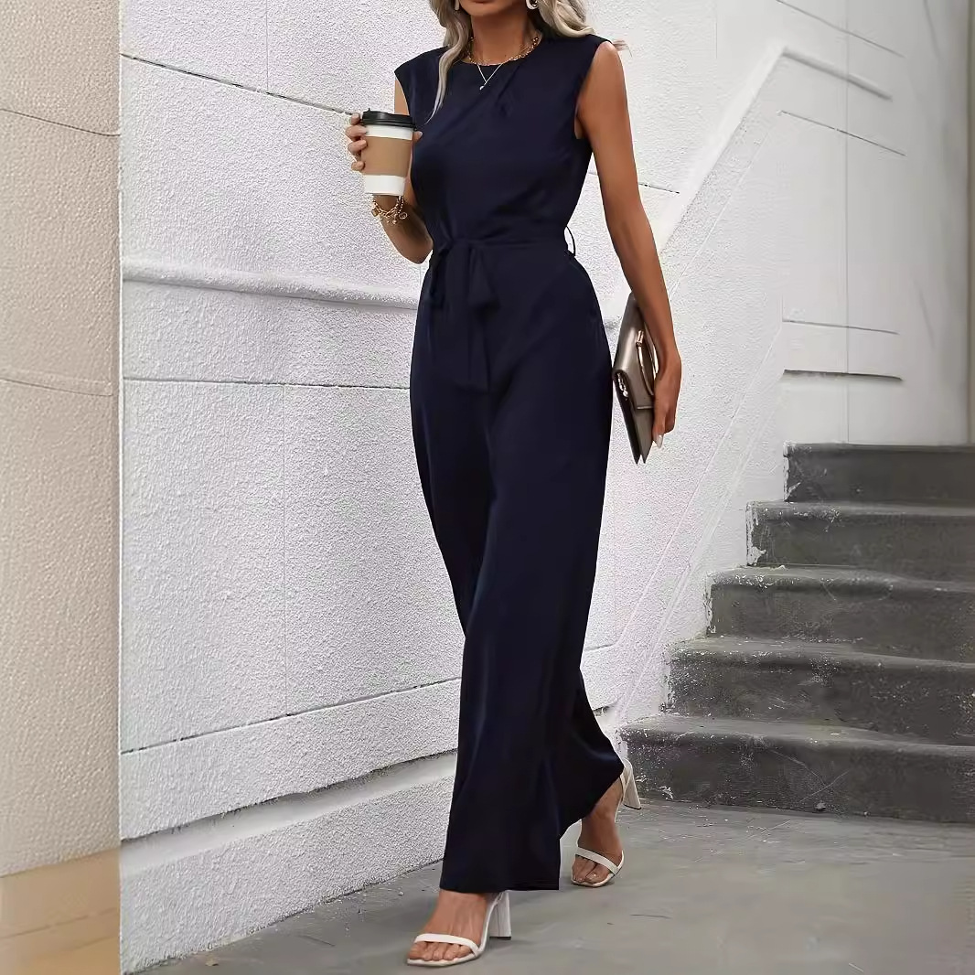 Elegant Sleeveless Round Neck Waist Trimming High Waist Wide Leg Jumpsuit