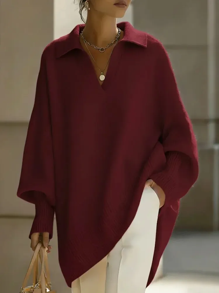 Lapel-collar Loose-fit Solid-color Sweater With Lantern Sleeves - Red