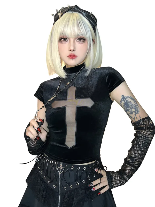 Turtleneck Cross See through Short Sleeve T shirt Black - Shop at LoveMi