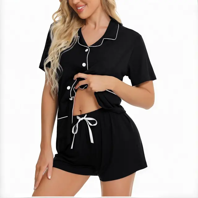 Women's Button Lapel Striped Pajamas European And American Style Black - Shop at LoveMi