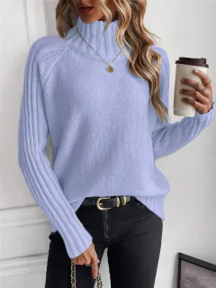 Women's Pure Color All-matching Pullover Raglan Long Sleeve Sweater Autumn And Winter Turtleneck - Blue - View 1