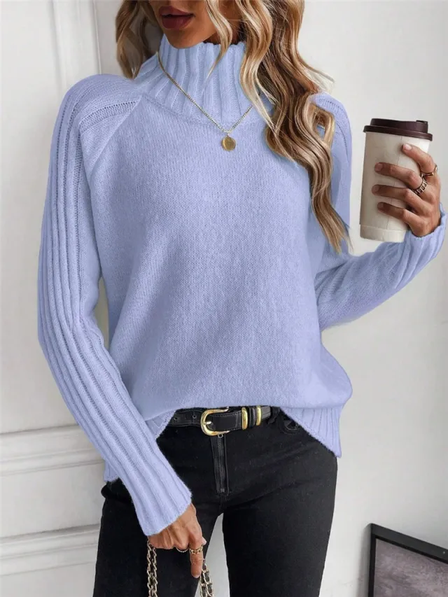 Women's Pure Color All matching Pullover Raglan Long Sleeve Sweater Autumn And Winter Turtleneck Blue - Shop at LoveMi