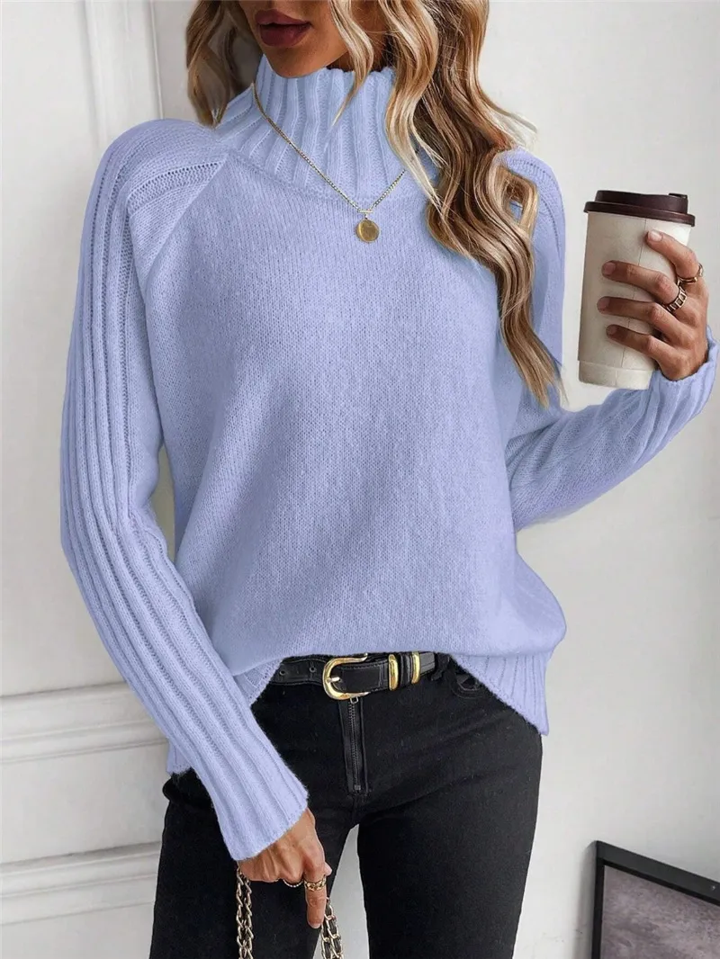 Women's Pure Colour All-matching Pullover Raglan Long Sleeve Sweater Autumn And Winter Turtleneck - Blue