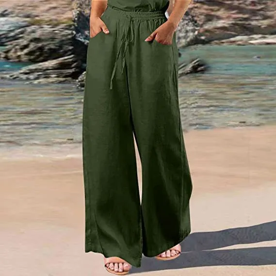 Loose Cotton And Linen Wide Leg Pants - Army Green