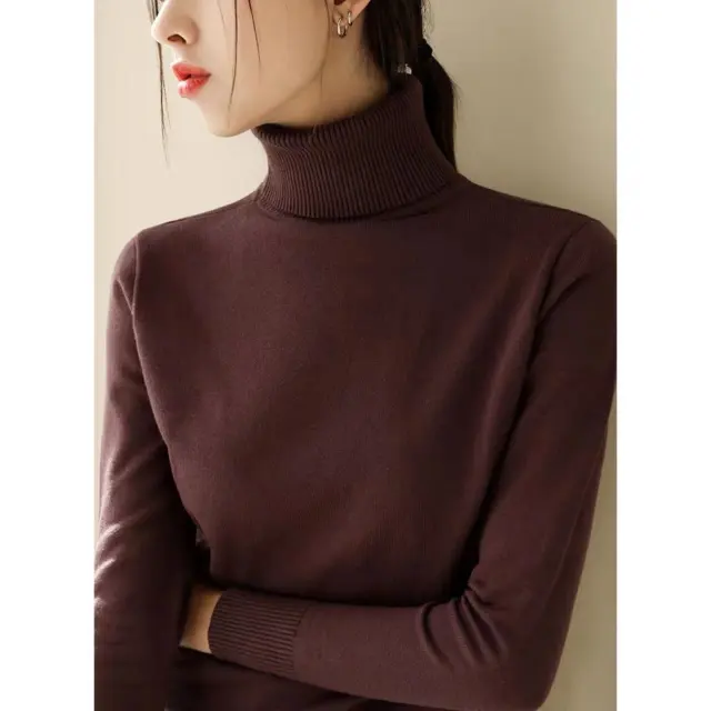 Women's Fashion Loose And Slimming Turtleneck Long Sleeve Knitted Bottoming Shirt Knitwear Brown - Shop at LoveMi