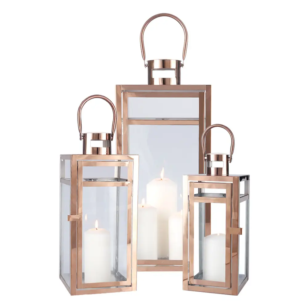 European-style Rose Gold Stainless Steel Wind Lamp With A Vintage Glass Candle Holder