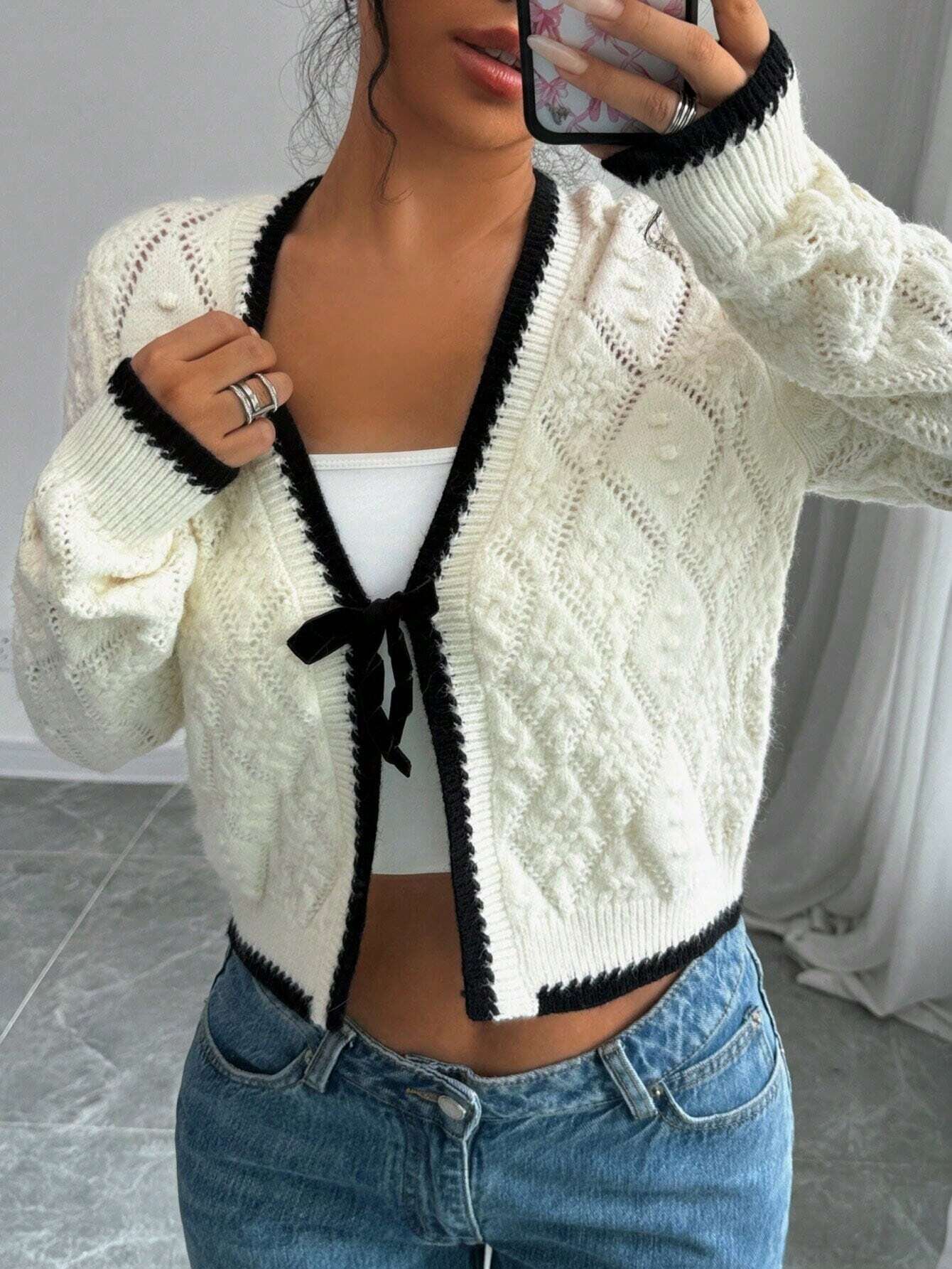 Title 7, Casual V-neck Bow Tie Knitted Jacket