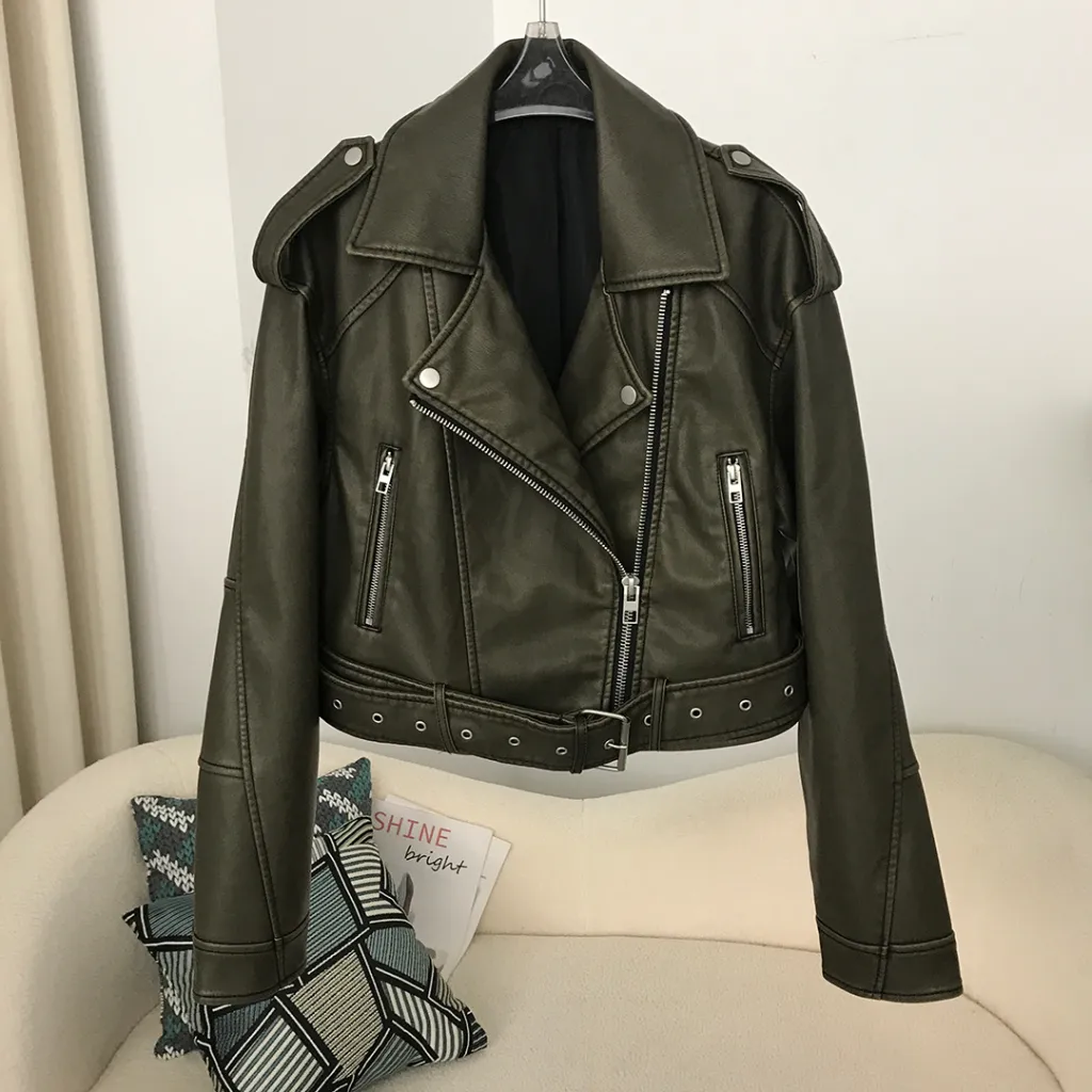 Spring And Autumn Women's Two-color Washed Leather Worn Motorcycle European And American Style Jacket Leather Coat Coat - Green