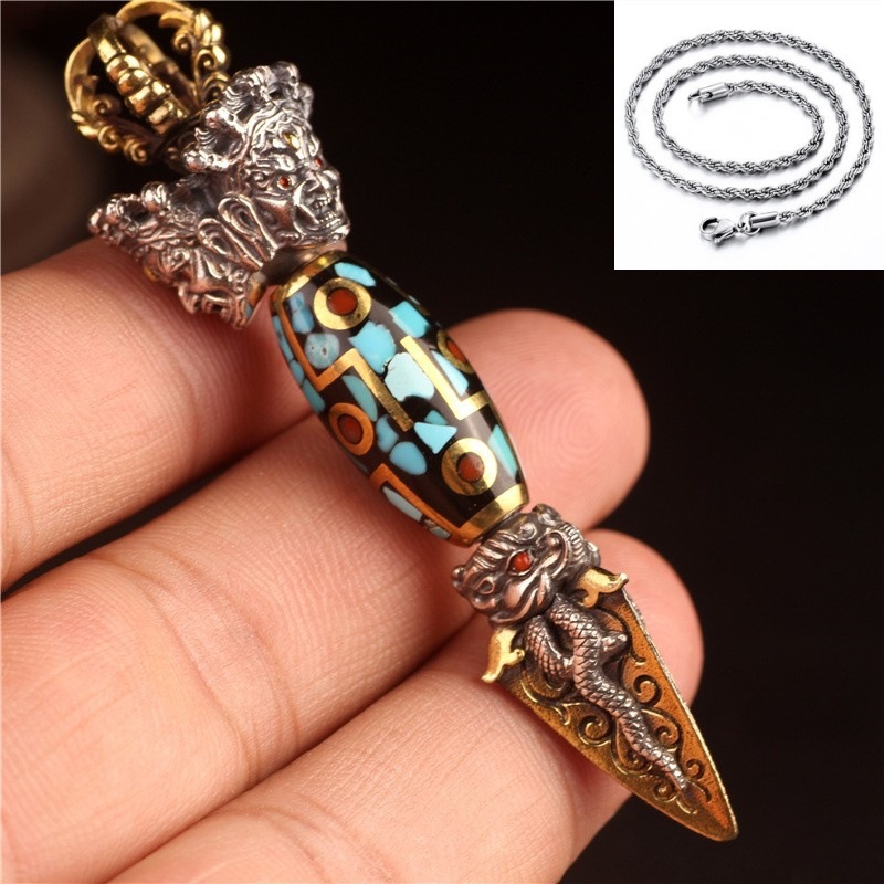 Tibetan Legend Buddha Utensils Dharma-vessel Trigug Pendant Vintage Silver Elephant Nose Tibet Beads