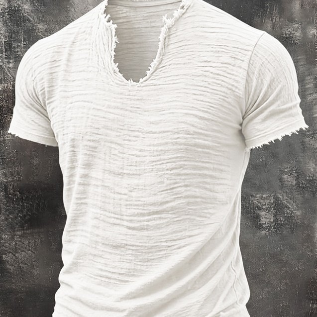 Retro Cotton-Linen T-Shirt With Feathered Hem And A Distinctive V-Neck Short Sleeves
