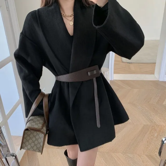 Extra Large Size Trench Coat Women's Spring And Autumn Woolen Coat Black - Shop at LoveMi