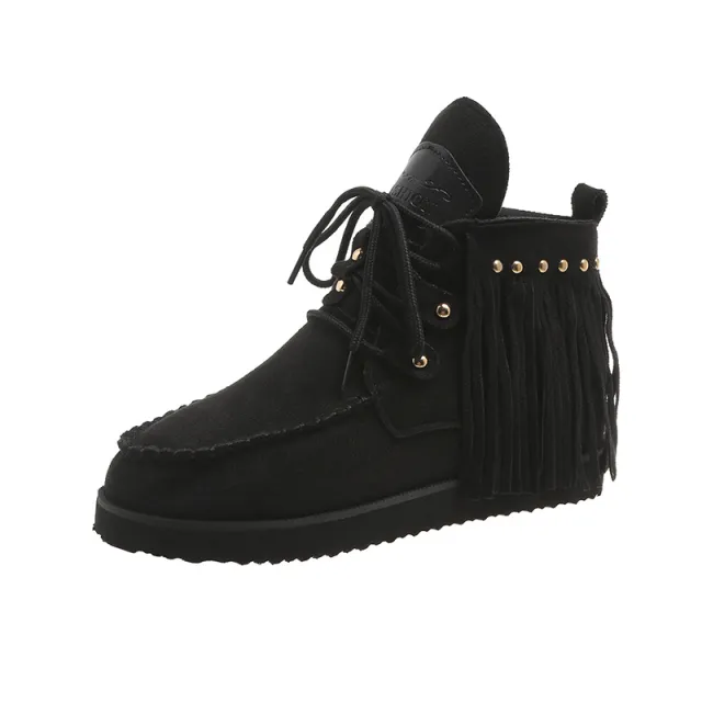 Tassel Boots Women's Tassel Lace up Comfortable Flat Bottom Black - Shop at LoveMi