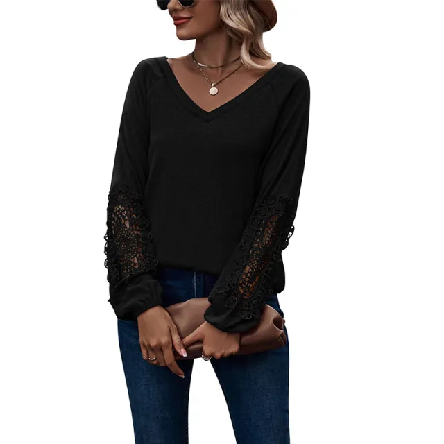 Loose Casual V neck Lace Lace Long sleeved Black - Shop at LoveMi