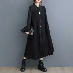 Dark Double-layer Pleated Stitching Long Sleeve Dress - Black - View 1