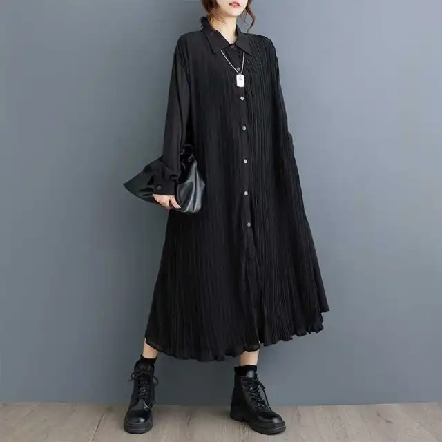 Dark Double layer Pleated Stitching Long Sleeve Dress Black - Shop at LoveMi