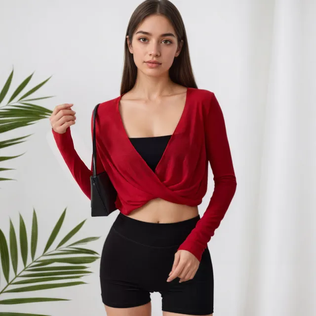 V neck Cross Kinky Yoga Clothes Blouse Breathable Outer Long sleeves Carmine - Shop at LoveMi