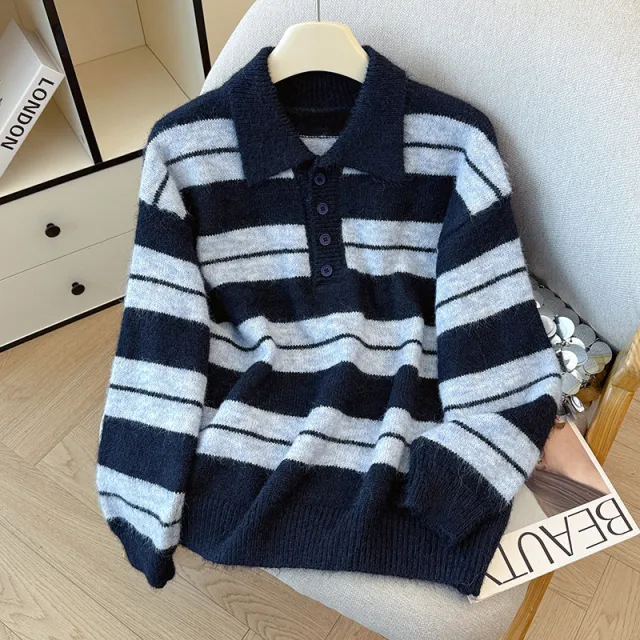 Lazy POLO Collar Loose Retro Knit Sweater Blue - Shop at LoveMi