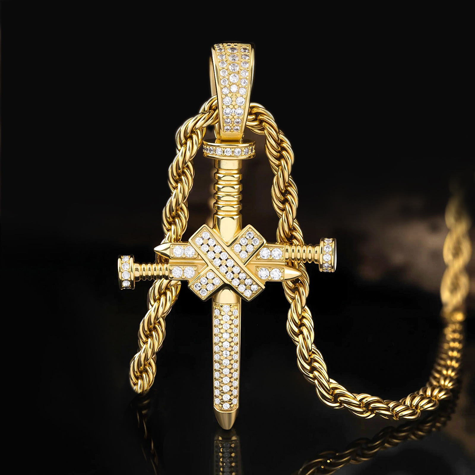 Full-Zircon Nail Cross Pendant Hip-Hop Vintage Punk Cross Necklace