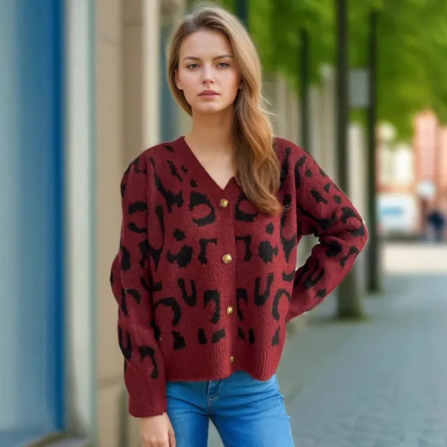 Women's Leopard Print Short Sweater V neck Casual Knitted Cardigan Top Wine Red - Shop at LoveMi