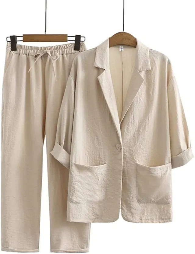 Women's Cotton Linen Coat Pants Fall Loose Fashion Suit Light Brown - Shop at LoveMi