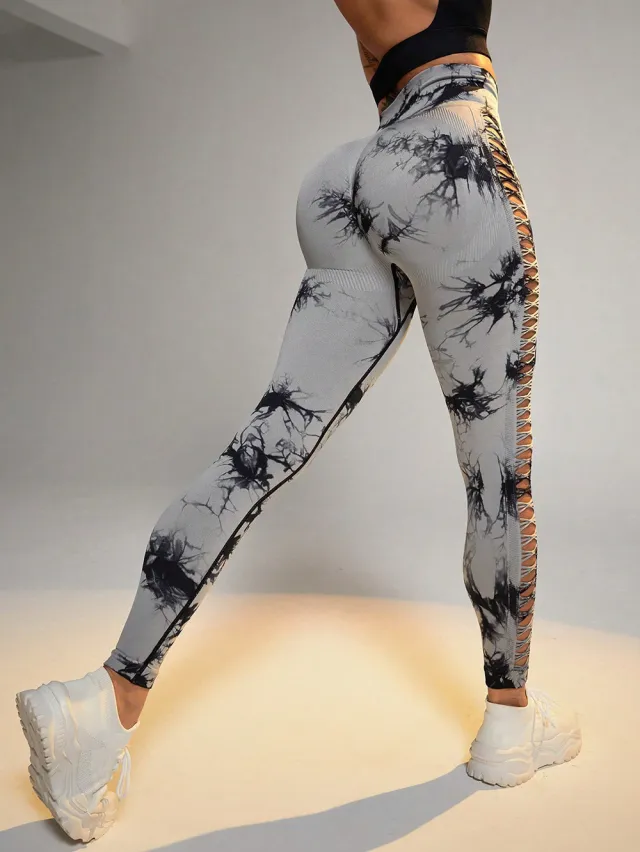 Sports Breathable Quick drying Side Hollow Tie dye Yoga Pants Light Gray - Shop at LoveMi